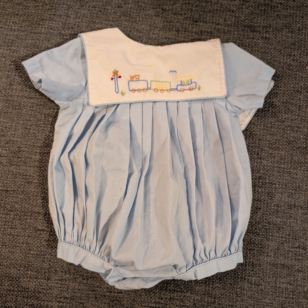 Vintage Light Blue Baby Romper with Train Embroidery